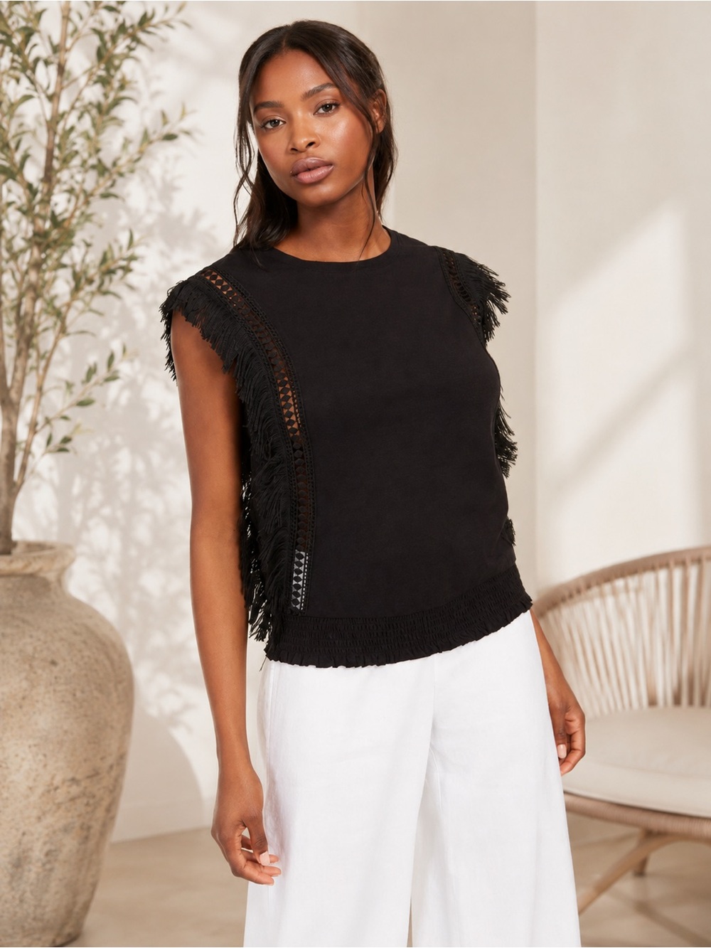 INC International Concepts Black Fringe Crochet Smocked Sleeveless Top XS